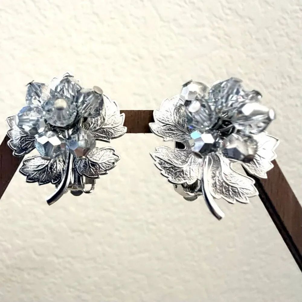 Vintage Silver Tone Floral Clip-On Earrings with Faceted Crystal Beads